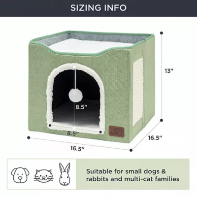 Bedsure® Large Cat Bed for Indoor Cats, Extra Wide Cat Cube House with Fluffy Ball & Scratch Pad - Image 5