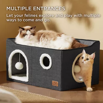 Bedsure® Large Cat Bed for Indoor Cats, Extra Wide Cat Cube House with Fluffy Ball & Scratch Pad - Image 2