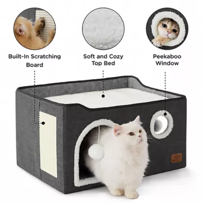 Bedsure® Large Cat Bed for Indoor Cats, Extra Wide Cat Cube House with Fluffy Ball & Scratch Pad - Image 4