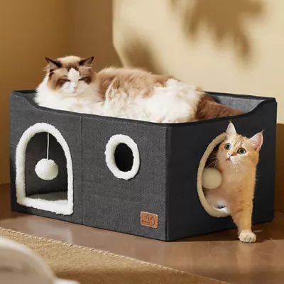 Bedsure® Large Cat Bed for Indoor Cats, Extra Wide Cat Cube House with Fluffy Ball & Scratch Pad - Image 7