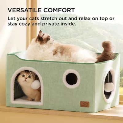 Bedsure® Large Cat Bed for Indoor Cats, Extra Wide Cat Cube House with Fluffy Ball & Scratch Pad - Image 3