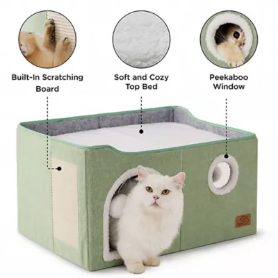 Bedsure® Large Cat Bed for Indoor Cats, Extra Wide Cat Cube House with Fluffy Ball & Scratch Pad - Image 4