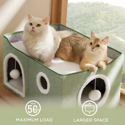 Bedsure® Large Cat Bed for Indoor Cats, Extra Wide Cat Cube House with Fluffy Ball & Scratch Pad - Image 5