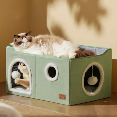Bedsure® Large Cat Bed for Indoor Cats, Extra Wide Cat Cube House with Fluffy Ball & Scratch Pad - Image 8