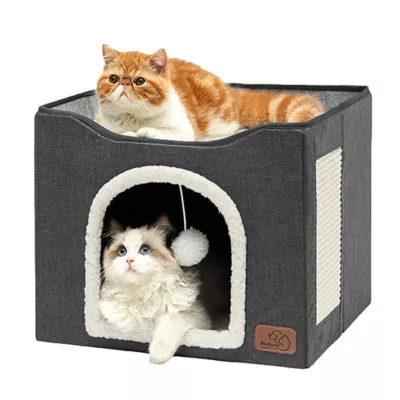 Bedsure® Large Cat Bed for Indoor Cats, Extra Wide Cat Cube House with Fluffy Ball & Scratch Pad - Image 1