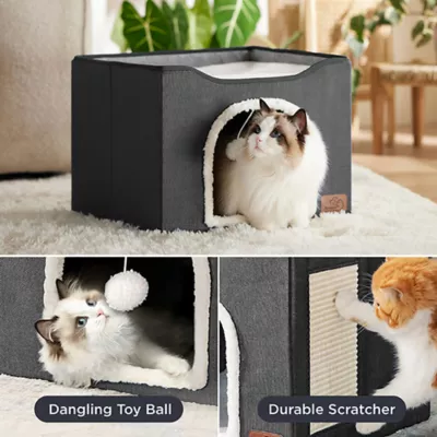 Bedsure® Large Cat Bed for Indoor Cats, Extra Wide Cat Cube House with Fluffy Ball & Scratch Pad - Image 4