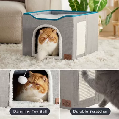 Product Bedsure® Large Cat Bed for Indoor Cats, Extra Wide Cat Cube House with Fluffy Ball & Scratch Pad