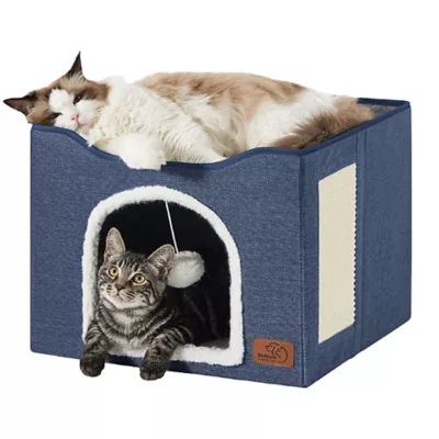 Product Bedsure® Large Cat Bed for Indoor Cats, Extra Wide Cat Cube House with Fluffy Ball & Scratch Pad