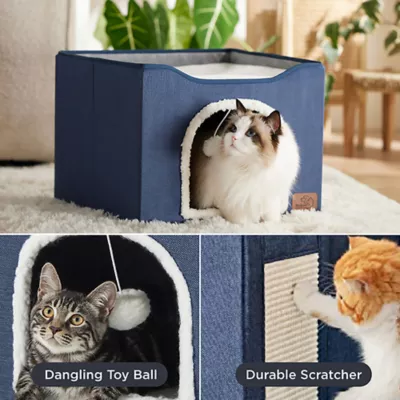 Product Bedsure® Large Cat Bed for Indoor Cats, Extra Wide Cat Cube House with Fluffy Ball & Scratch Pad