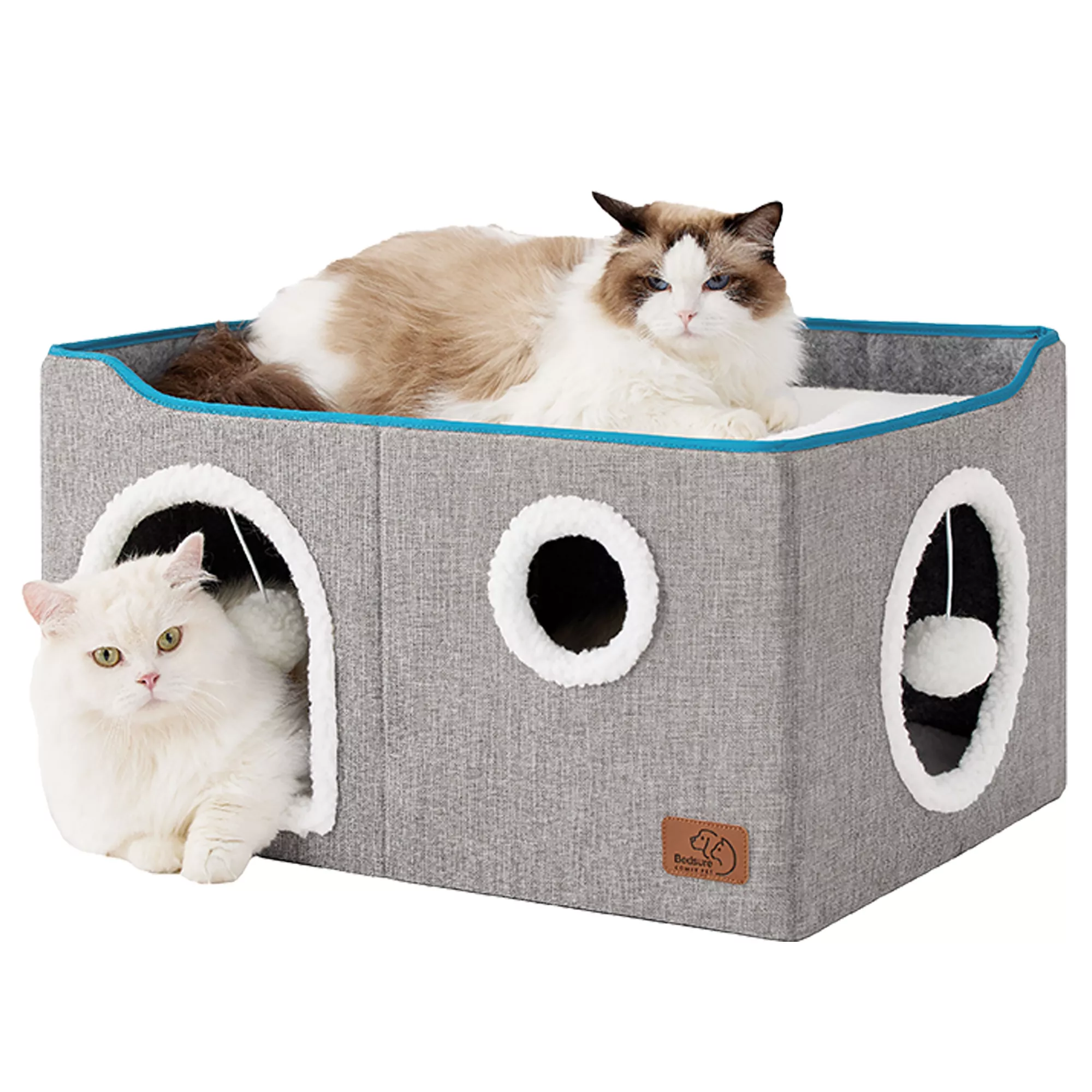 Bedsure® Large Cat Bed for Indoor Cats, Extra Wide Cat Cube House with Fluffy Ball & Scratch Pad