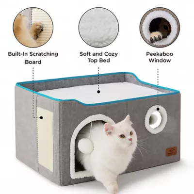 Product Bedsure® Large Cat Bed for Indoor Cats, Extra Wide Cat Cube House with Fluffy Ball & Scratch Pad