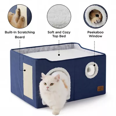 Product Bedsure® Large Cat Bed for Indoor Cats, Extra Wide Cat Cube House with Fluffy Ball & Scratch Pad