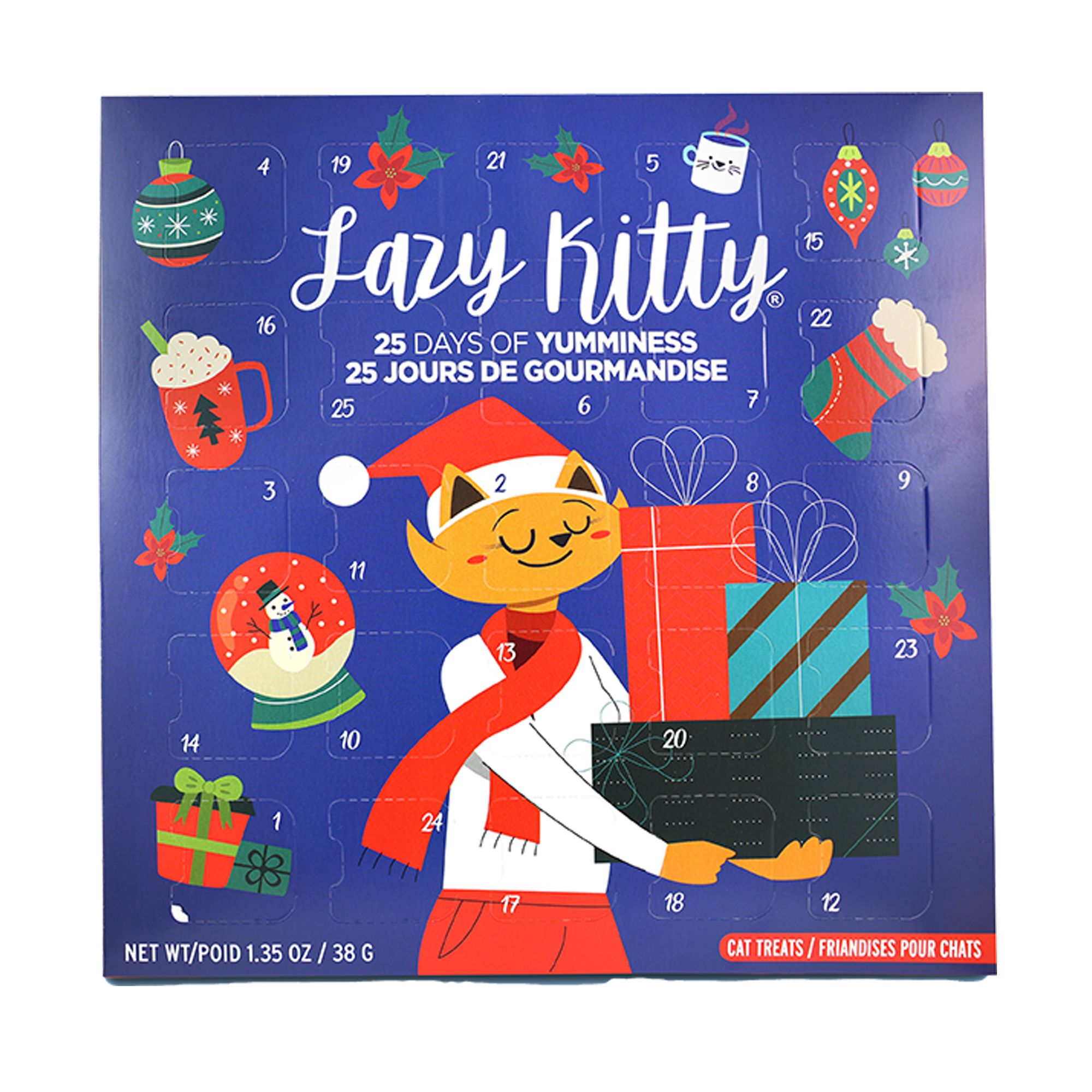 Advent calendar for cat with gifts and wearing santa hat