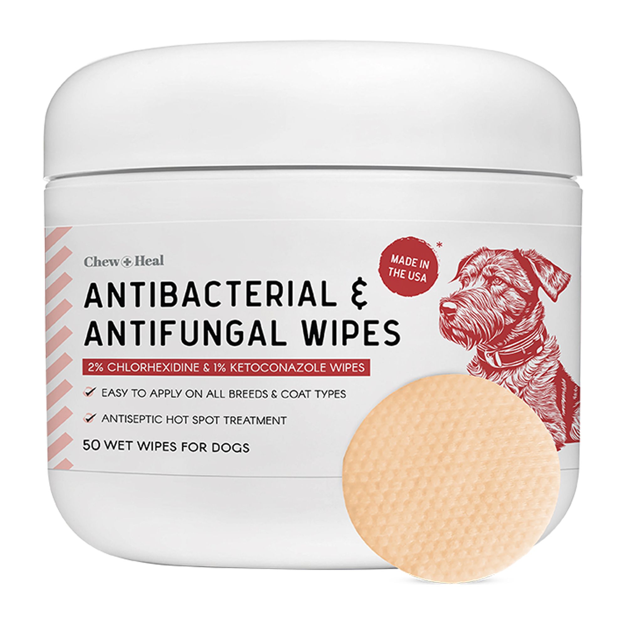 Chew + Heal Antibacterial & Antifungal Chlorohexidine Wipes for Dogs