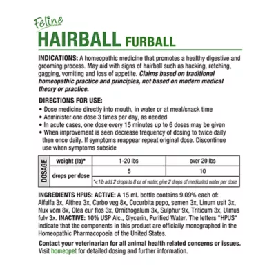 Product HomeoPet Feline Hairball Cat Supplement, 15 ml bottle