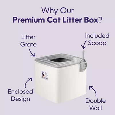 Product Litter Genie, Premium Top Entry Cat Litter Box with Scoop, White/Gray