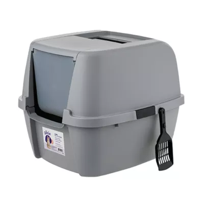 Product Litter Genie, Large Portable Enclosed Cat Litter Box with Scoop & Handle, Gray/Black