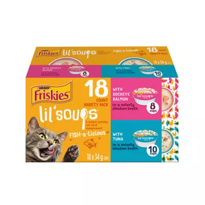 Friskies Lil' Soups Fish-a-Licious Variety Pack, Cat Treats, 34 g x 18 - Image 1