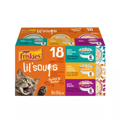 Friskies Lil' Soups Surfin & Turfin Variety Pack, Cat Treats, 34 g x 18 - Image 1