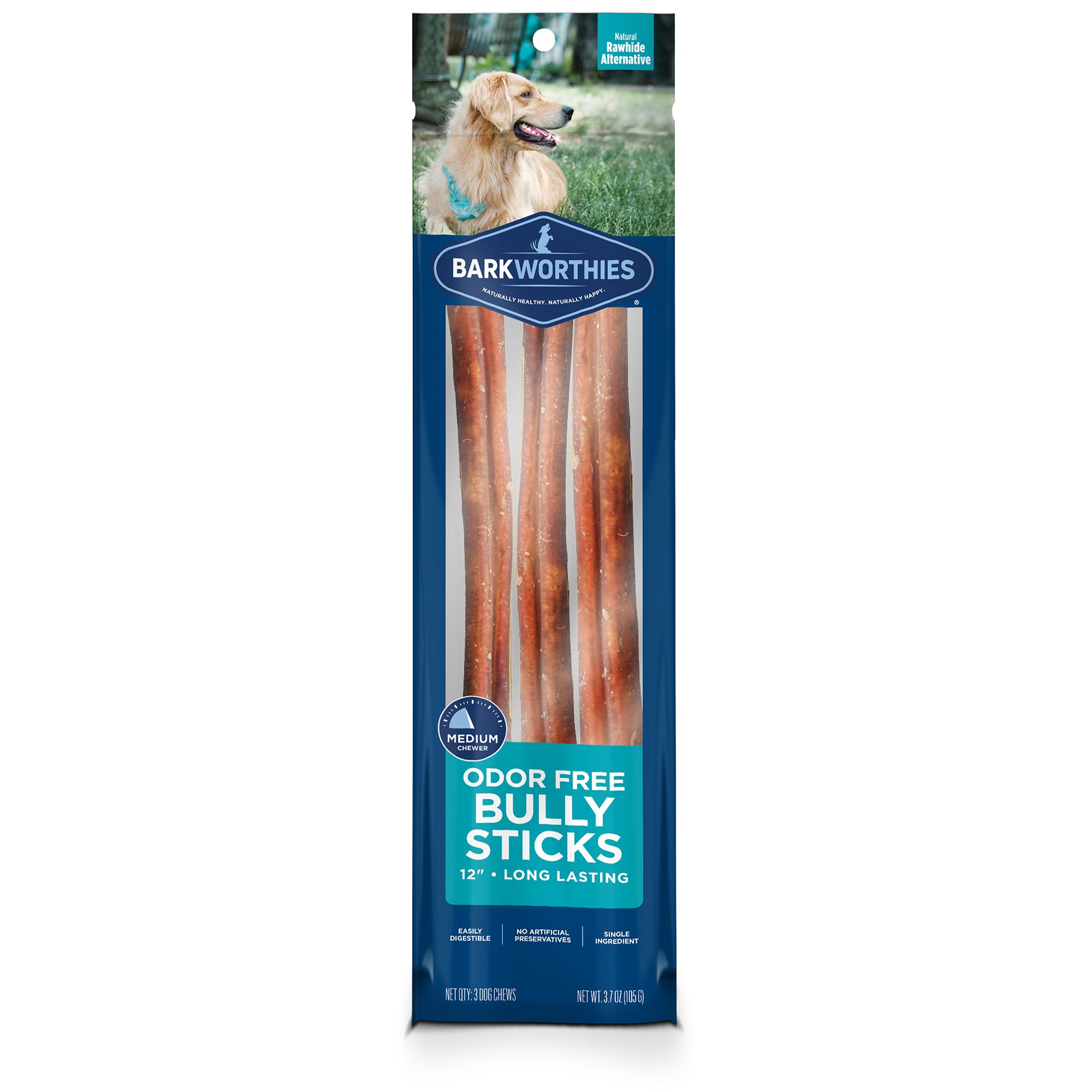 Barkworthies Odor Free Long Lasting Bully Stick Dog Chews 12" - 3 Count by Barkworthies