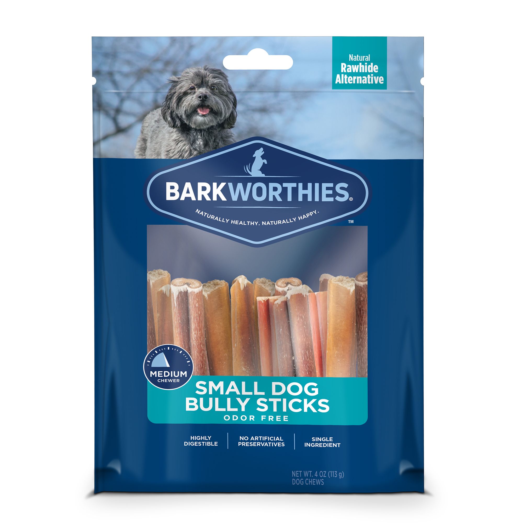Barkworthies Small Dog Bully Sticks, Odor Free Long Lasting Chews 4" - 4 Oz by Barkworthies
