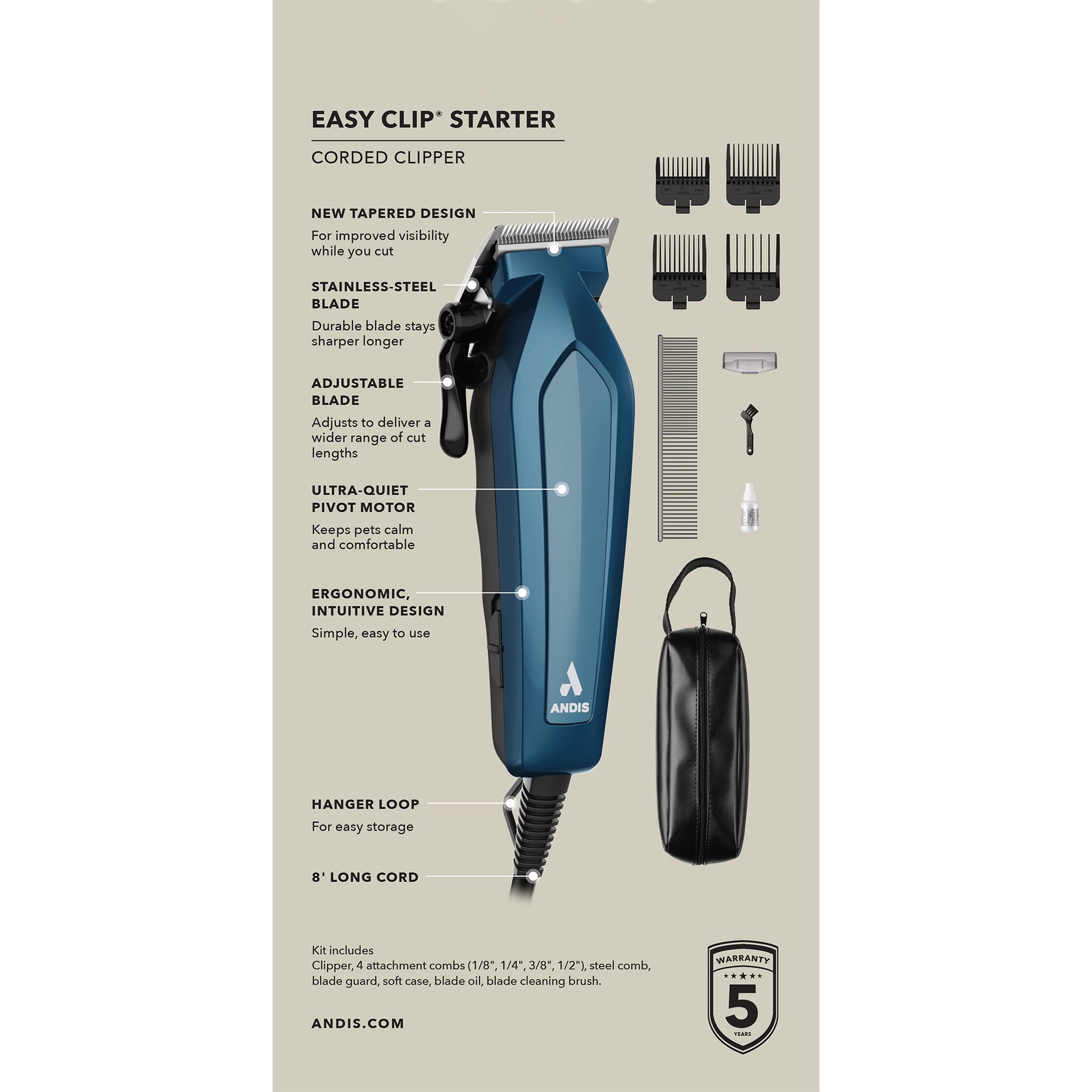 Andis® Ultra Quiet Easy Clip Starter Kit For Dog & Cat, Includes 4 Attachment Combs - thumbnail 2