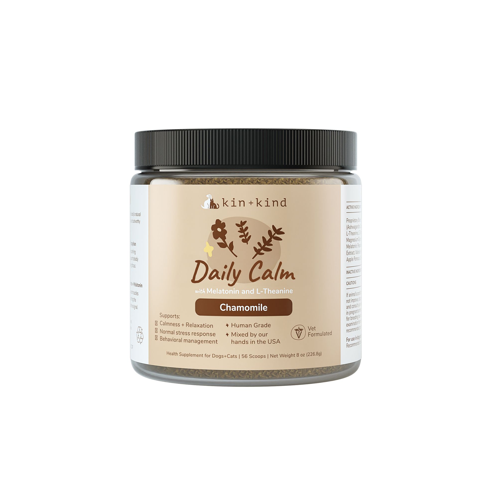 kin+kind Daily Calm Supplement for Dog & Cat, Calm & Relaxation Support, with Chamomile, 4 & 8oz jar