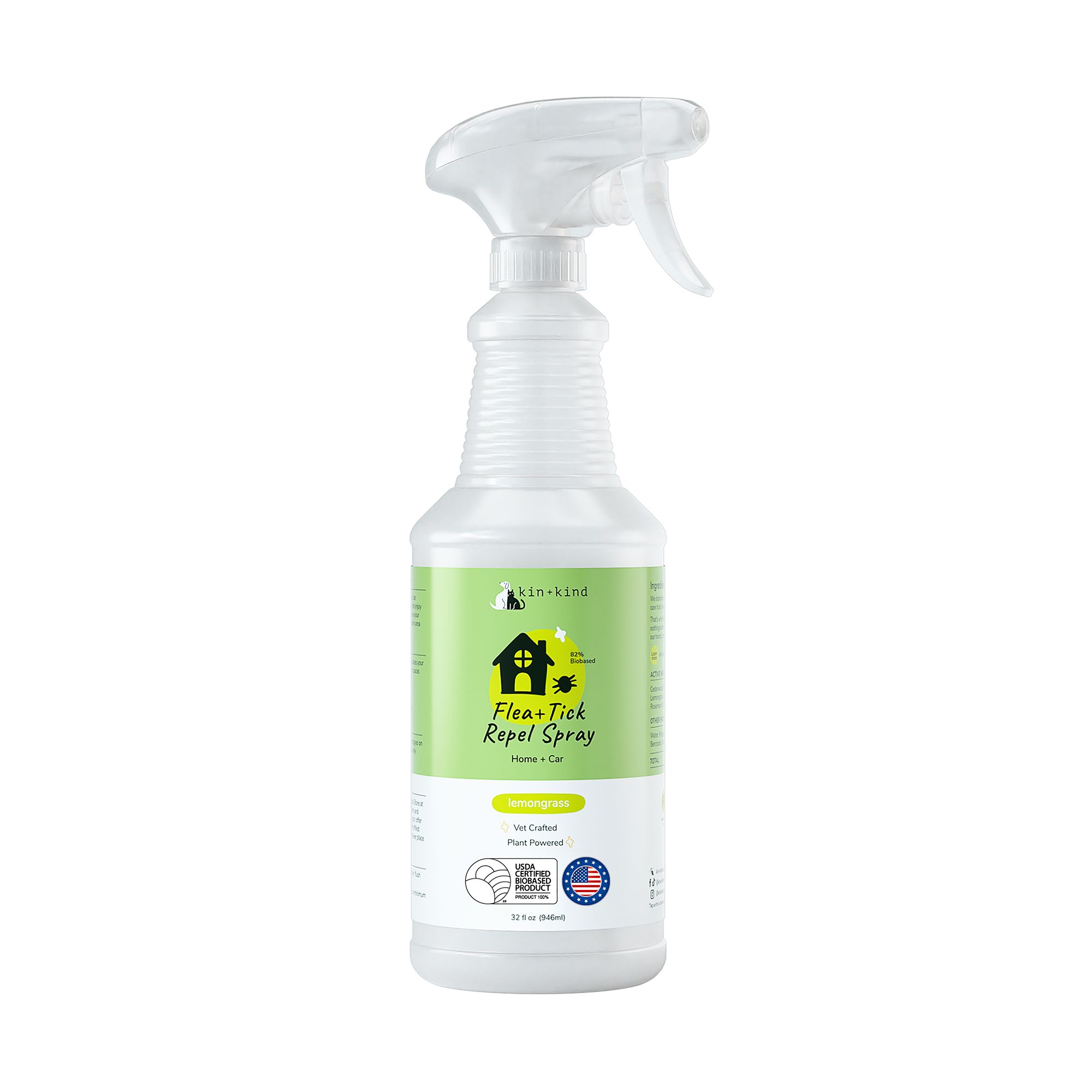 kin+kind Flea & Tick Protect Spray for Dog & Cat, Plant Powered, Lemon Grass, 12 & 32 fl oz
