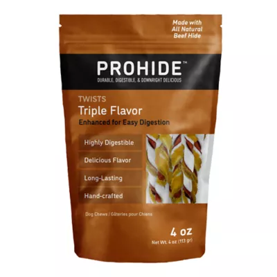 ProHide Highly Digestible Raw Hide Adult Dog Chews - Triple Flavored Twists - Image 1
