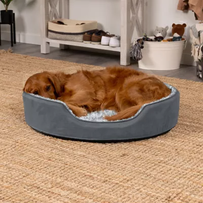FurHaven Two-Tone Fur & Suede Oval Cuddler Cat & Dog Bed - Gray, S-XL - Image 2