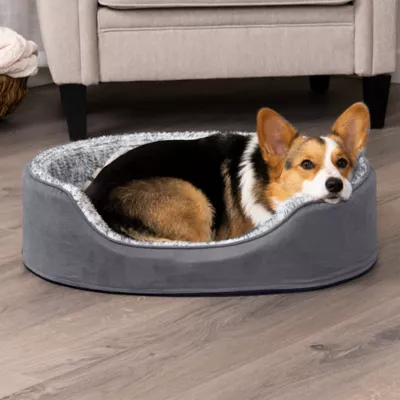 FurHaven Two-Tone Fur & Suede Oval Cuddler Cat & Dog Bed - Gray, S-XL - Image 2