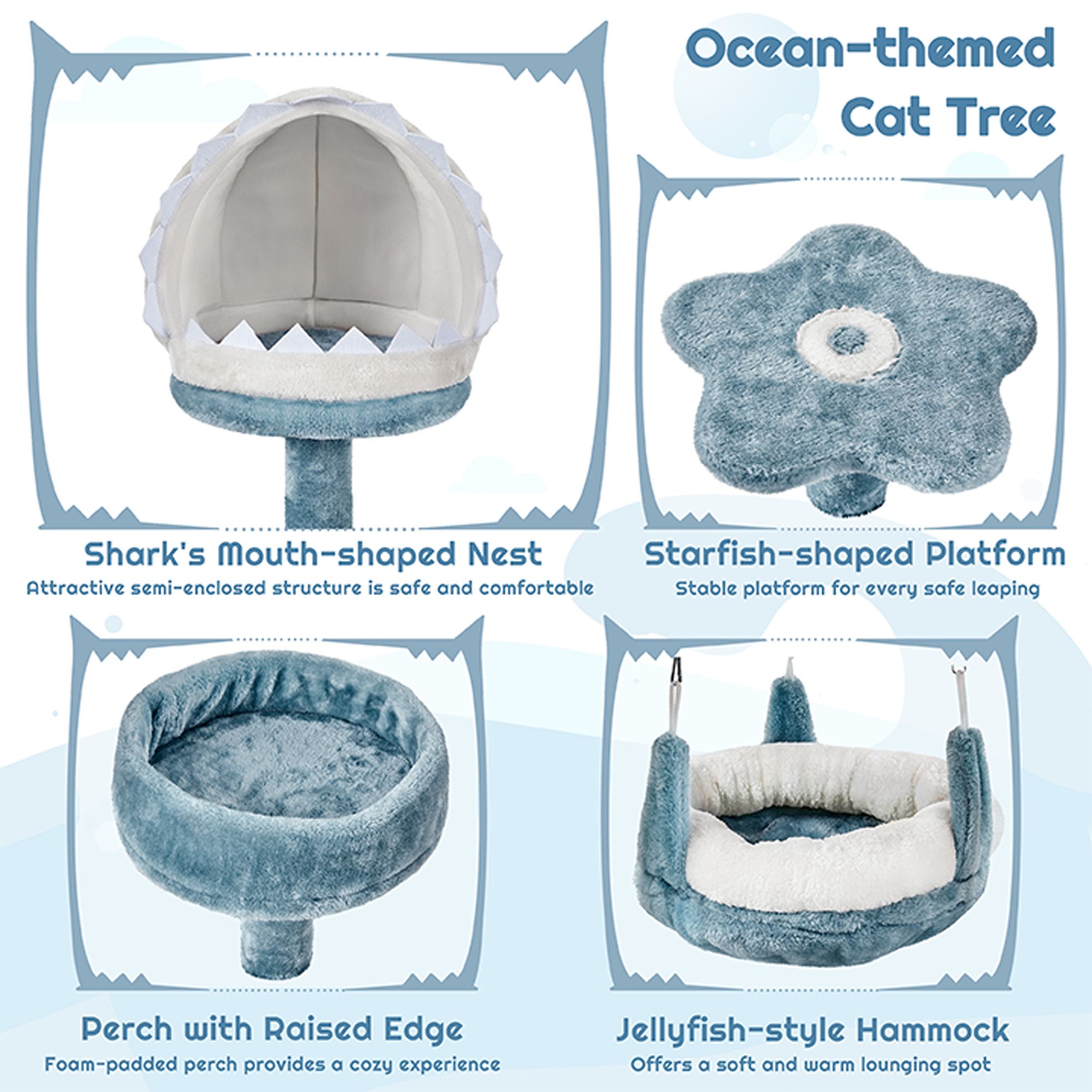 Yaheetech 45.5-in Ocean-Themed Cat Tree with Shark Bed, 3 Perches and Hammock - thumbnail 4