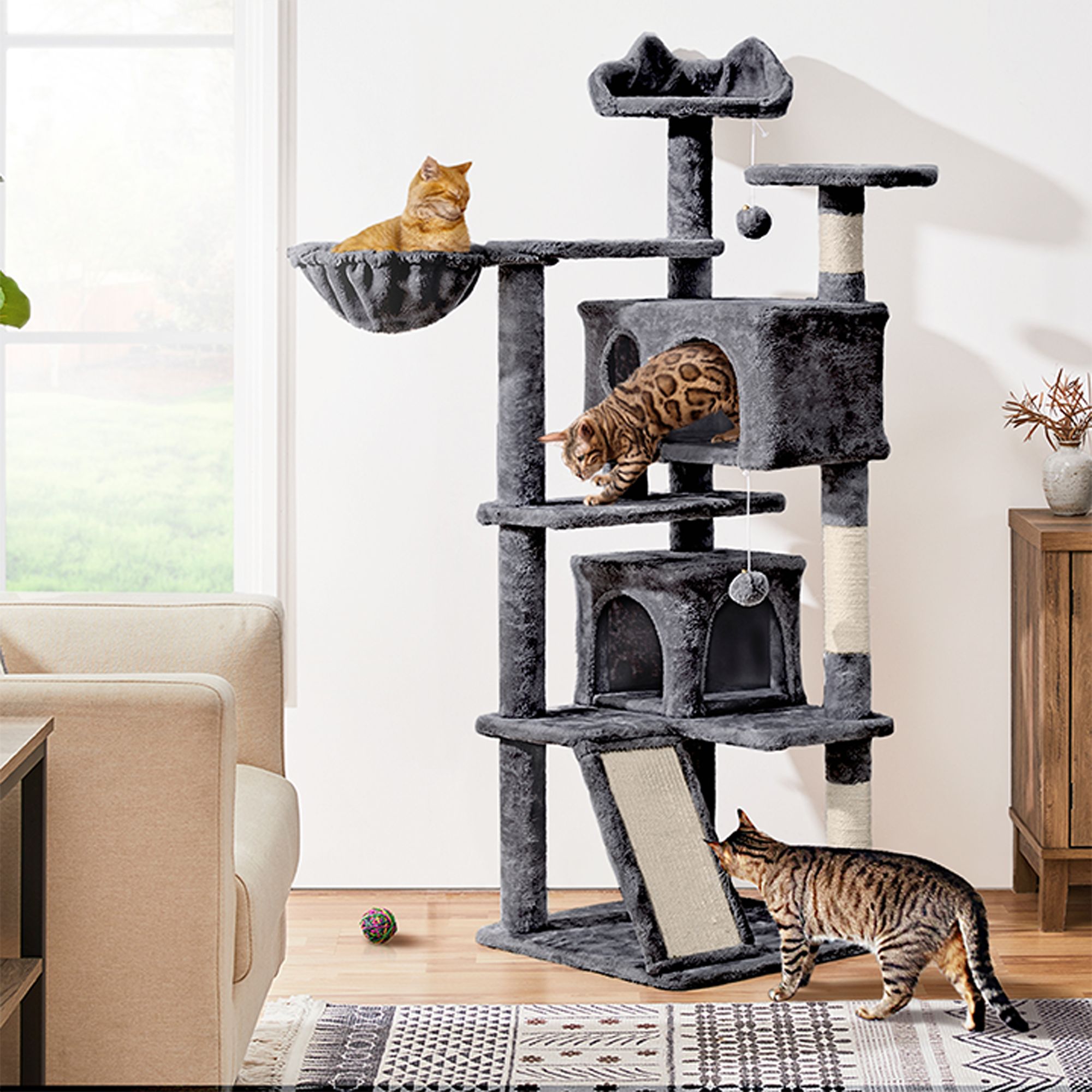 Yaheetech 57.5-in Multi-Level Cat Tree with 2 Condos, Perches and Basket - thumbnail 2