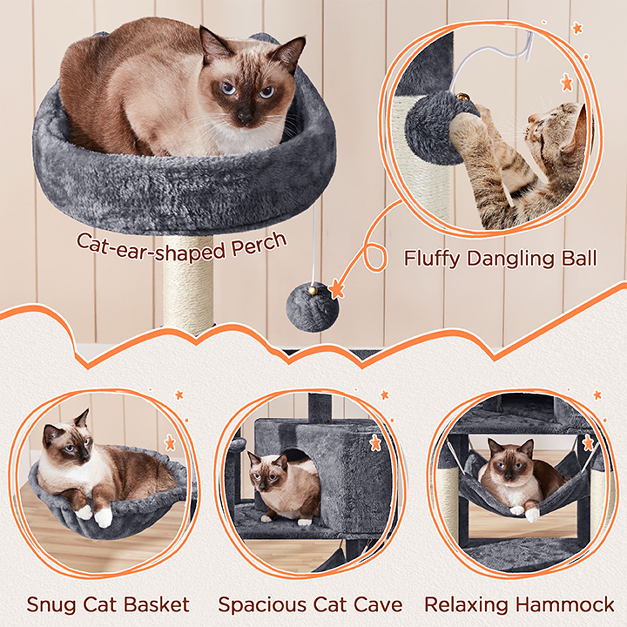 Yaheetech 55-in Multi-Level Cat Tree with Condo, Hammock and Basket - thumbnail 4