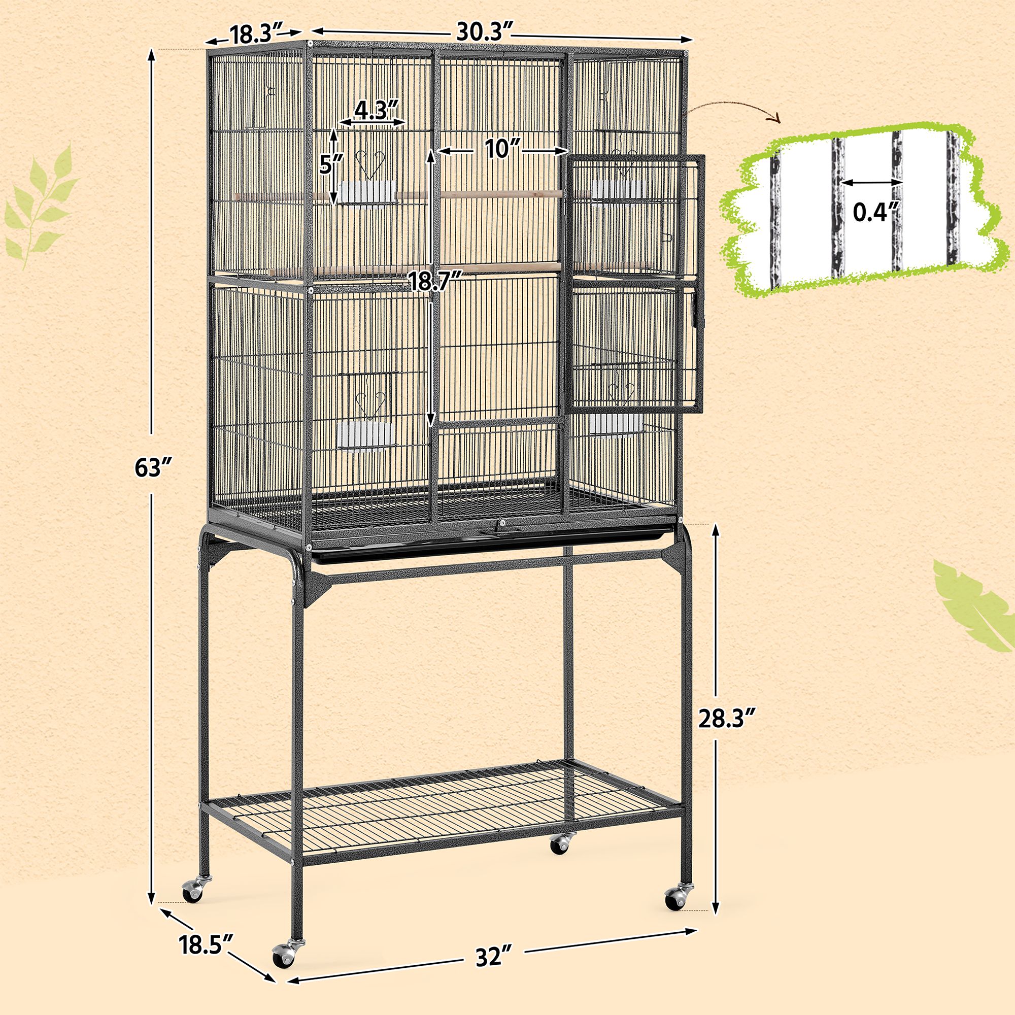 Yaheetech Large Rolling Parrot Bird Cage with Detachable Stand for Parrots - thumbnail 3