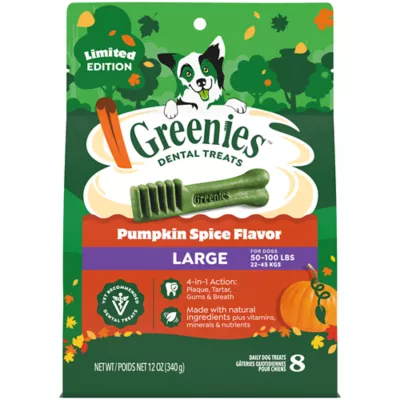 Greenies Adult Natural Dental Dog Treats Large Size, Pumpkin Spice Flavor, 12 oz. Pack, 8 Count - Image 1