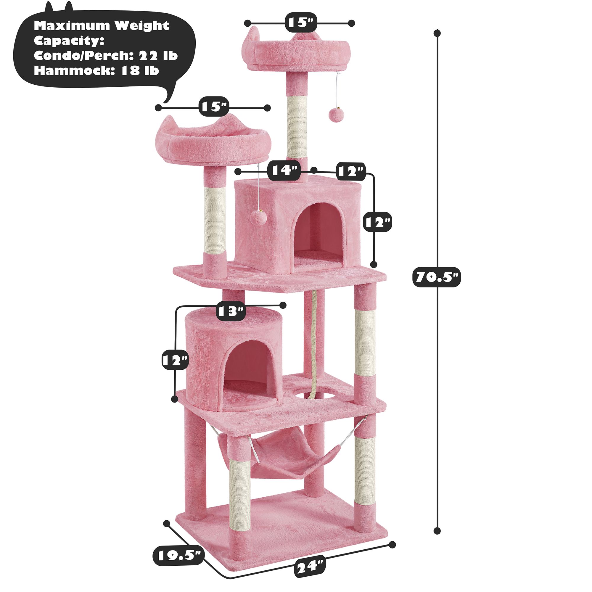 Yaheetech 71.5-in Multi-Level Cat Tree with 2 Condos, 2 Perches, Hammock and Scratching Board - thumbnail 3