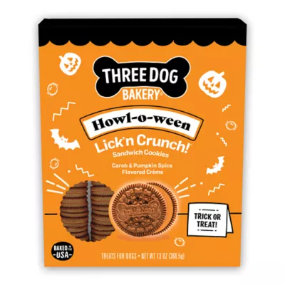 Three Dog Bakery Howl-o-ween Lick'n Crunch Sandwich Cookie Dog Treats - Carob & Pumpkin Spice Flavor - Image 1