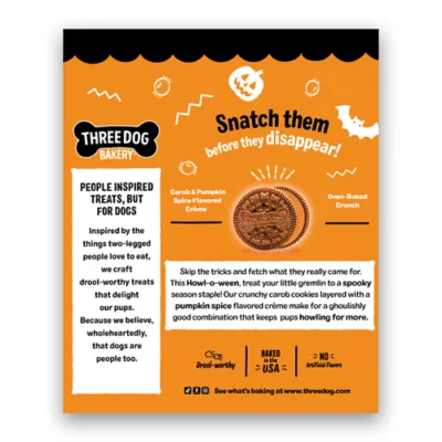 Three Dog Bakery Howl-o-ween Lick'n Crunch Sandwich Cookie Dog Treats - Carob & Pumpkin Spice Flavor - Image 2