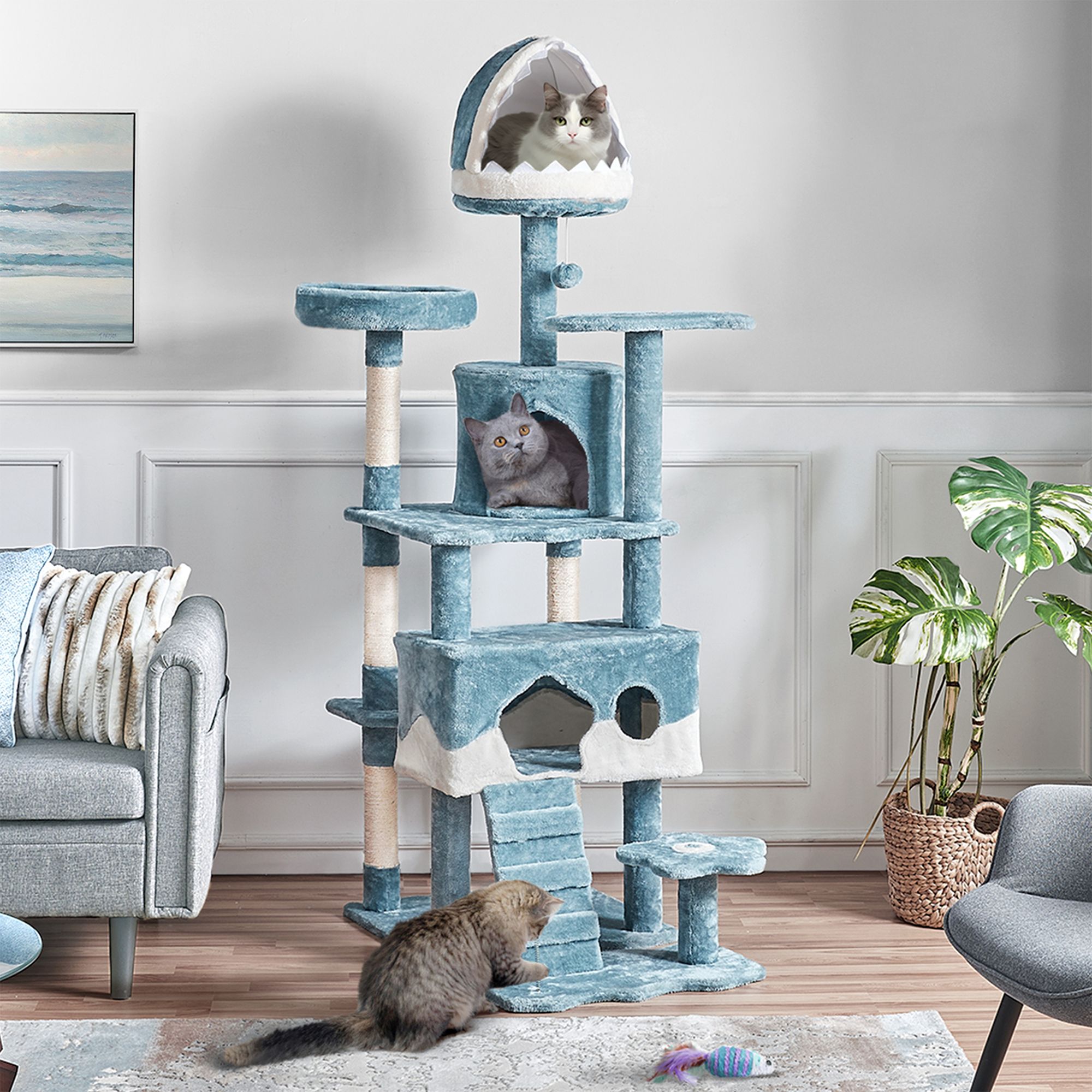 Yaheetech 72.5-in Ocean-Themed Cat Tree with 2 Condos, 2 Perches and Shark Bed - thumbnail 2