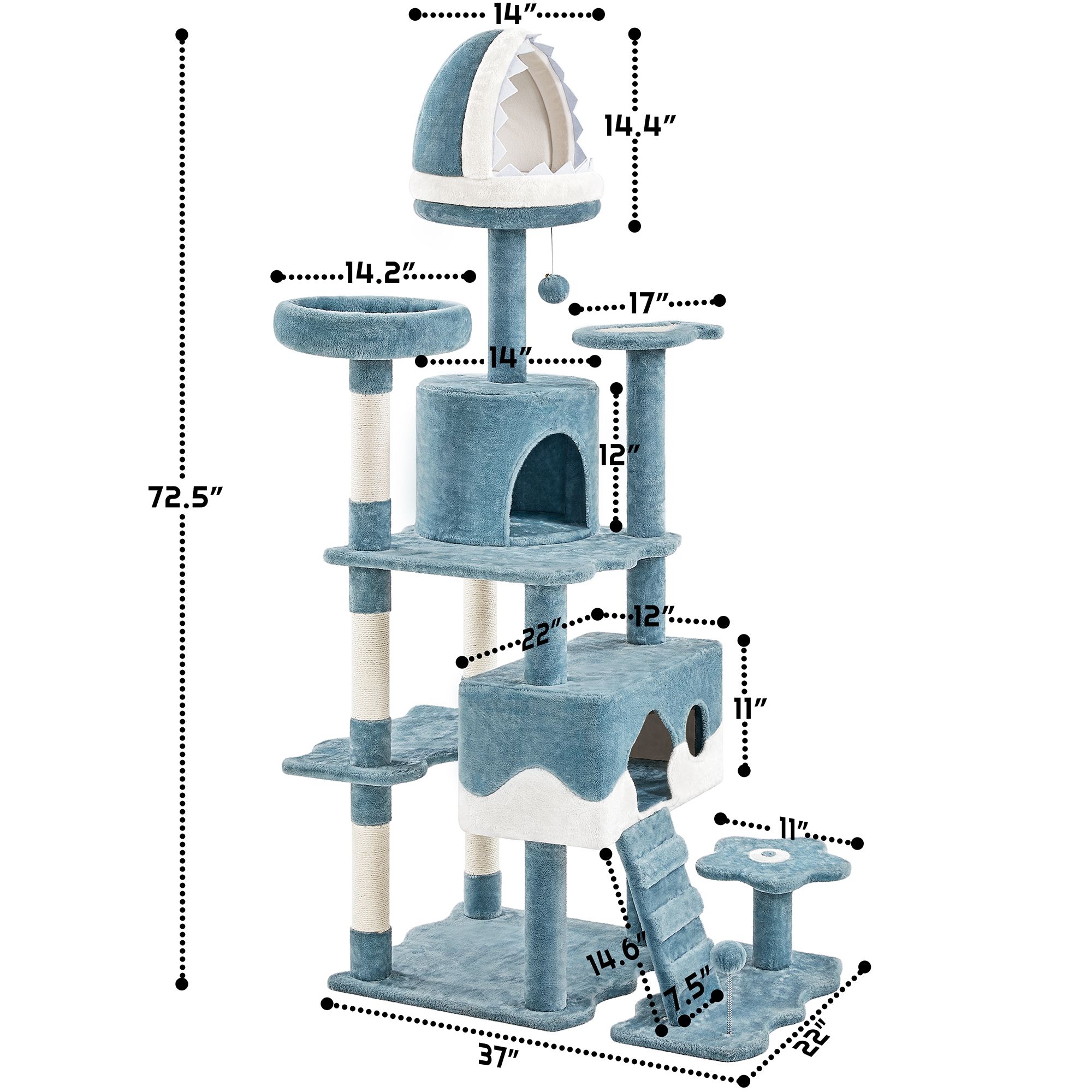 Yaheetech 72.5-in Ocean-Themed Cat Tree with 2 Condos, 2 Perches and Shark Bed - thumbnail 3