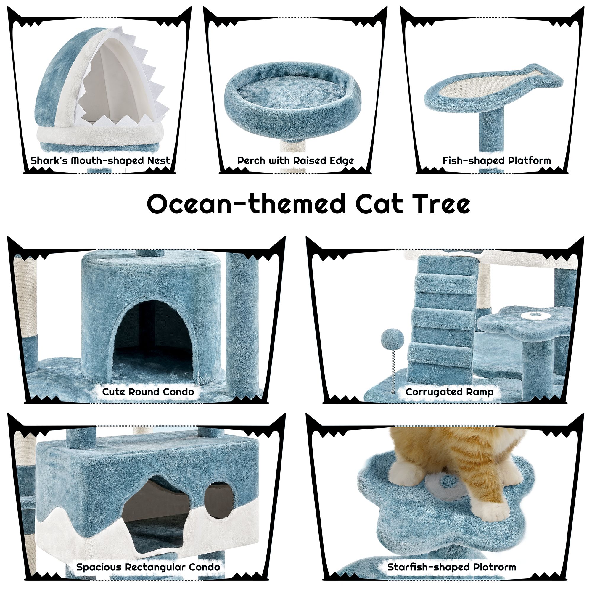 Yaheetech 72.5-in Ocean-Themed Cat Tree with 2 Condos, 2 Perches and Shark Bed - thumbnail 4