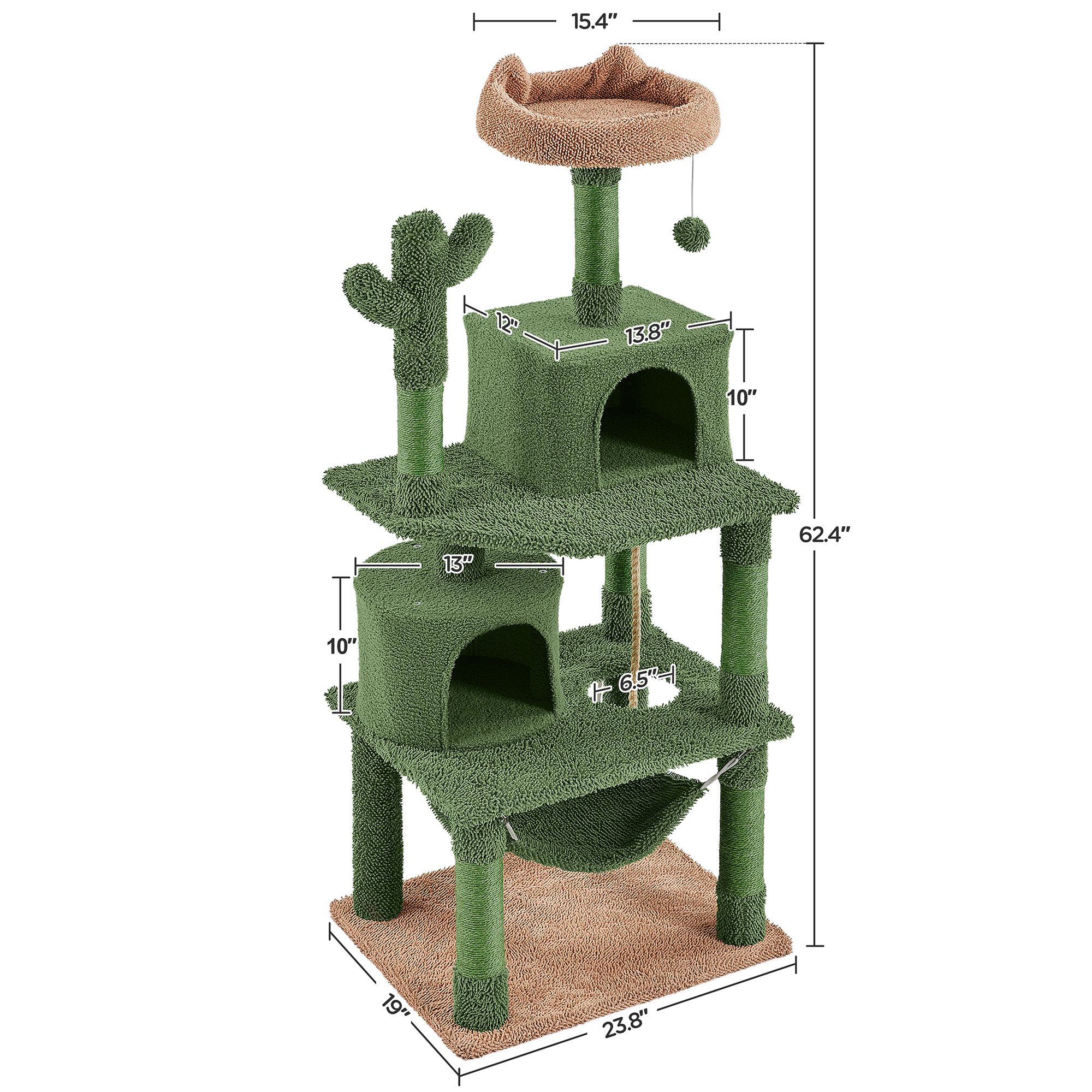 Yaheetech 62.5-in Cactus Cat Tree with 2 Condos, Perch and Hammock, Green/Brown - thumbnail 3