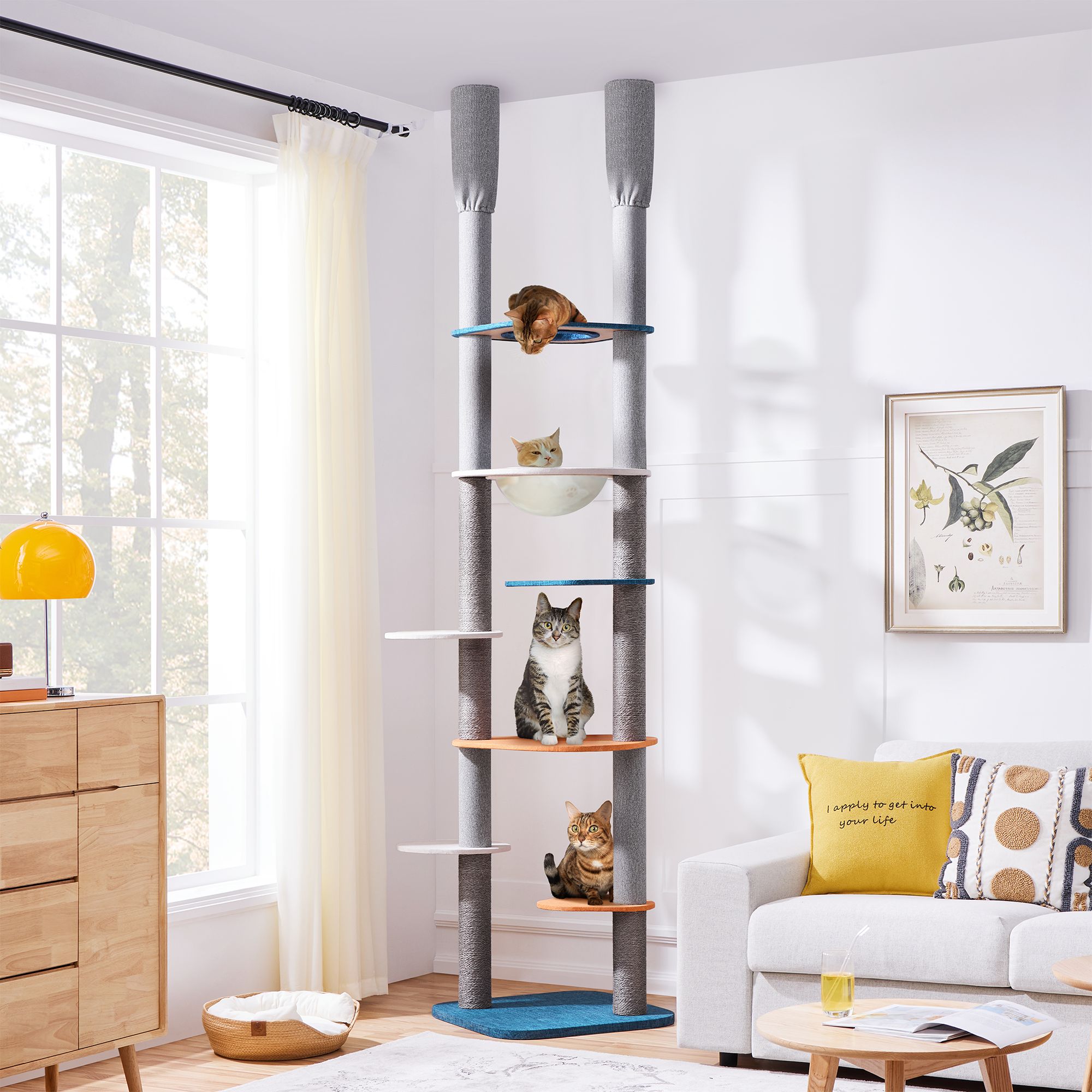 Yaheetech 103.5-in Adjustable Floor-to-Ceiling Cat Tree with Perch and Cat Bed, Blue/Orange - thumbnail 2