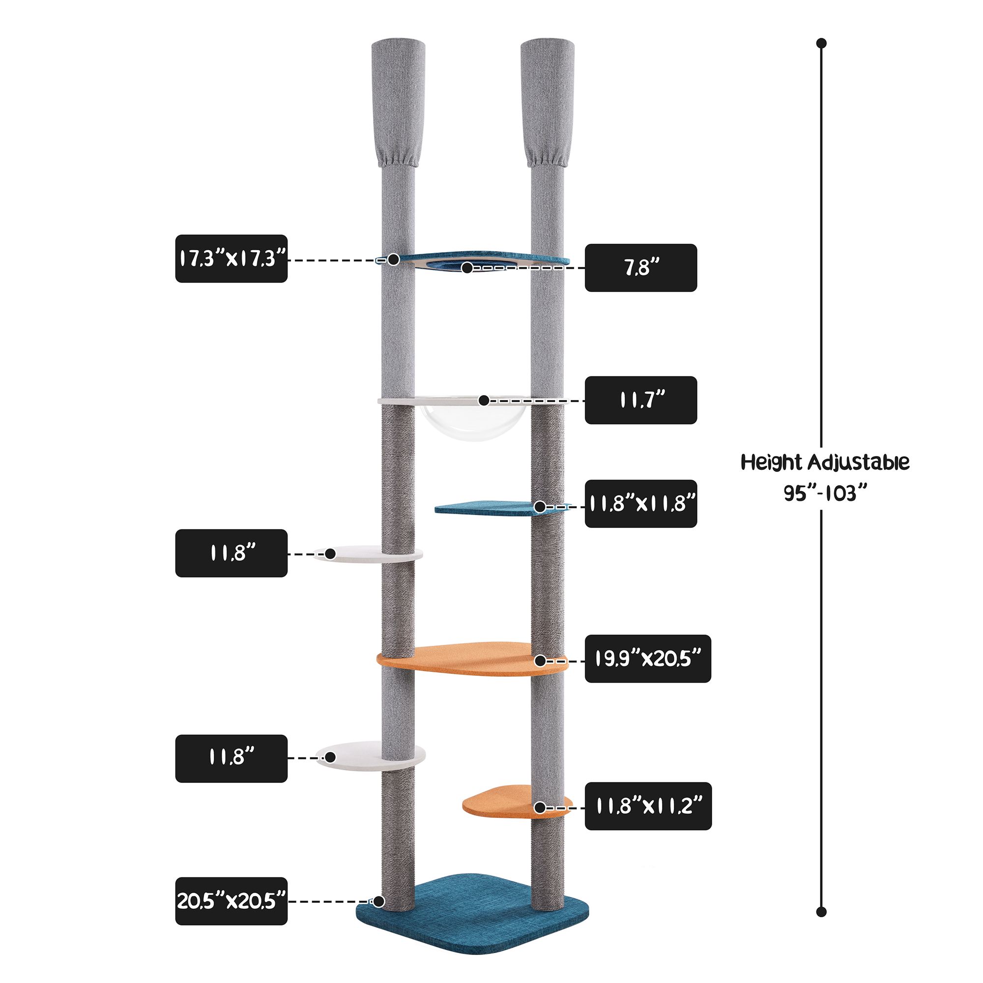 Yaheetech 103.5-in Adjustable Floor-to-Ceiling Cat Tree with Perch and Cat Bed, Blue/Orange - thumbnail 3