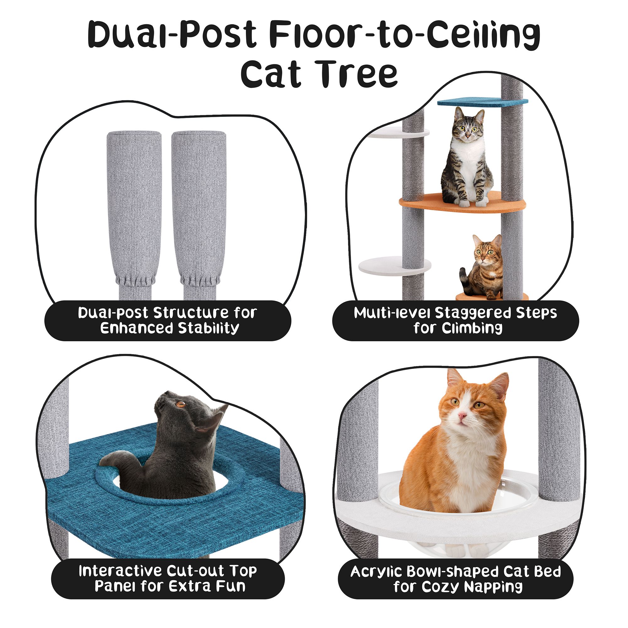 Yaheetech 103.5-in Adjustable Floor-to-Ceiling Cat Tree with Perch and Cat Bed, Blue/Orange - thumbnail 4