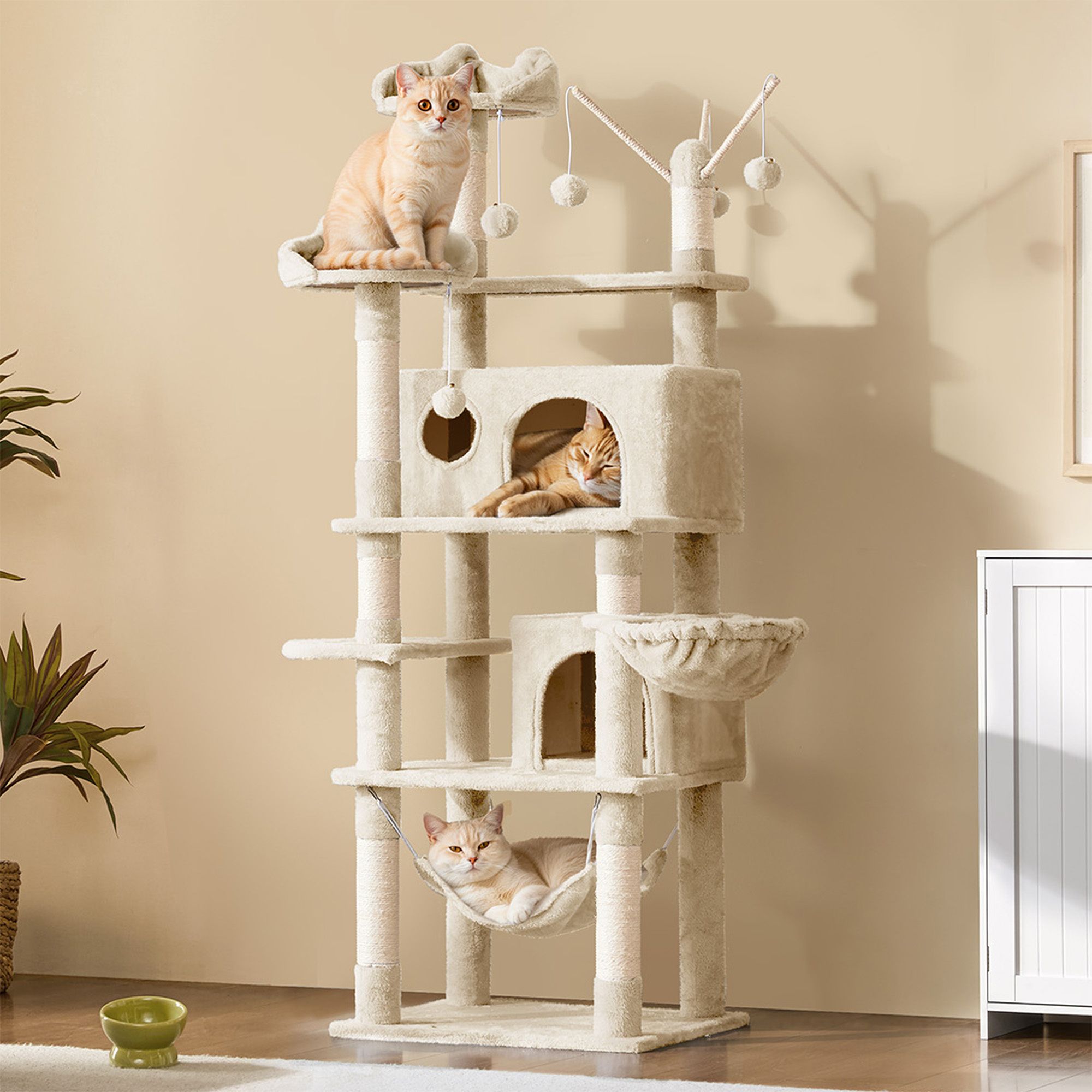Yaheetech 66-in Multi-Level Cat Tree with 2 Condos, 2 Perches, Hammock and Basket - thumbnail 2