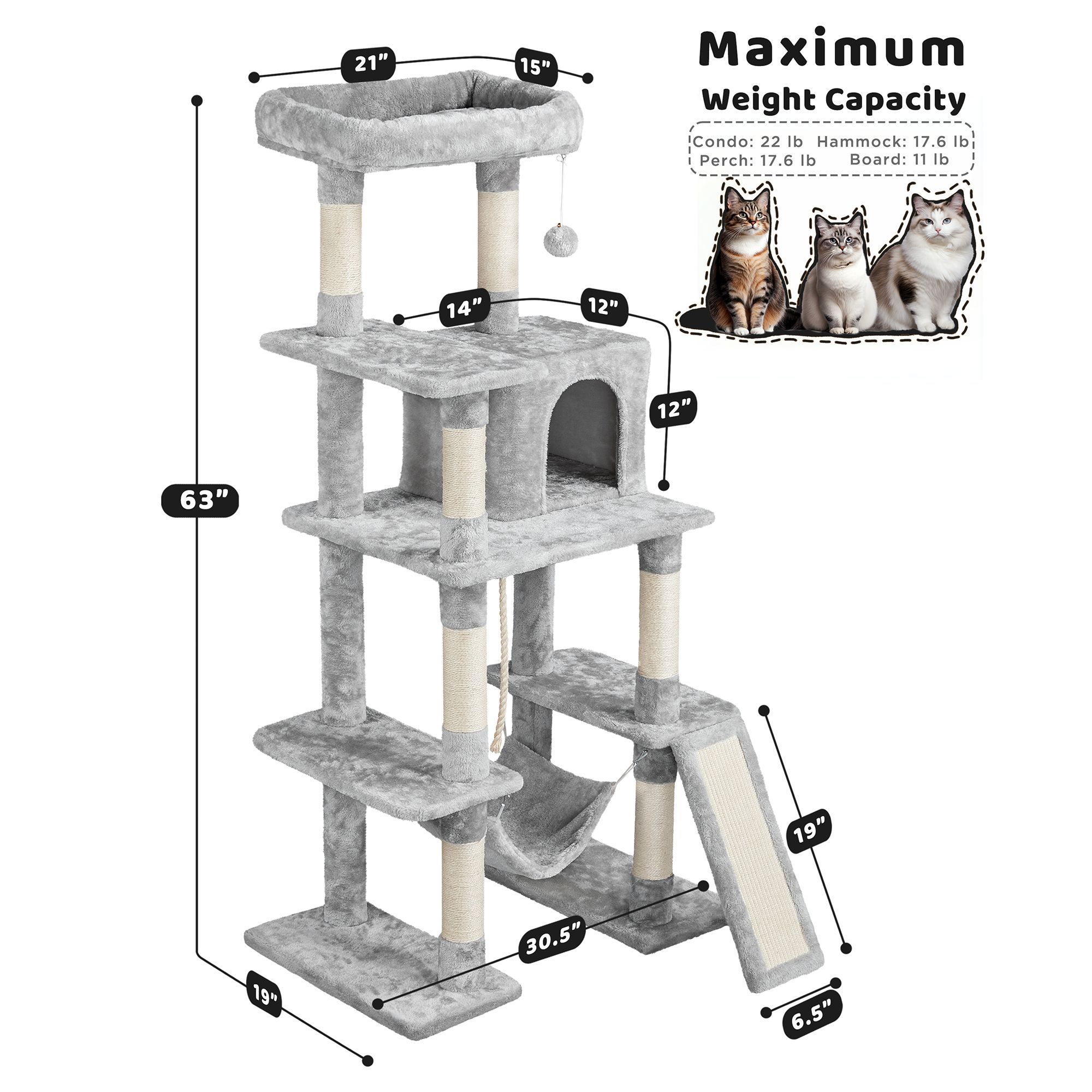 Yaheetech 63-in Multi-Level Cat Tree with Condo, Hammock and Scratching Board - thumbnail 3