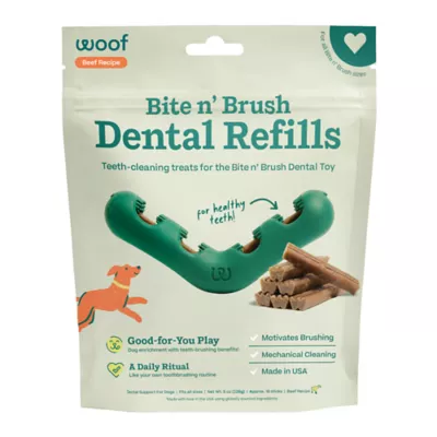WOOF Bite n' Brush Dog Dental Care Treat Refills, Beef Flavor, Chicken-Free, 8 oz - Image 1