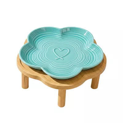 PawsPik Cat Flower Ceramic Feeding Plate with Raised Bamboo Stand - Image 1